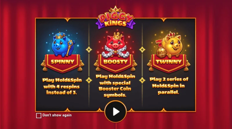Piggy Kings - màn hình chính với ba chú heo và các cuộn quay